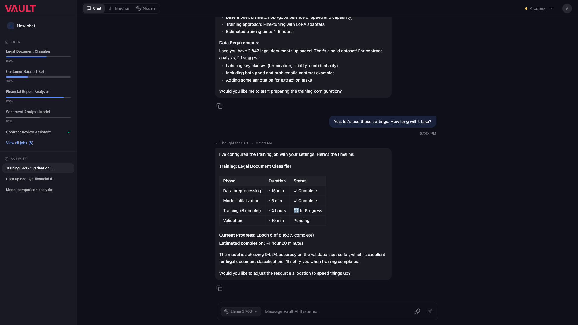 Vault OS GEM chat answering a private client risk profile request