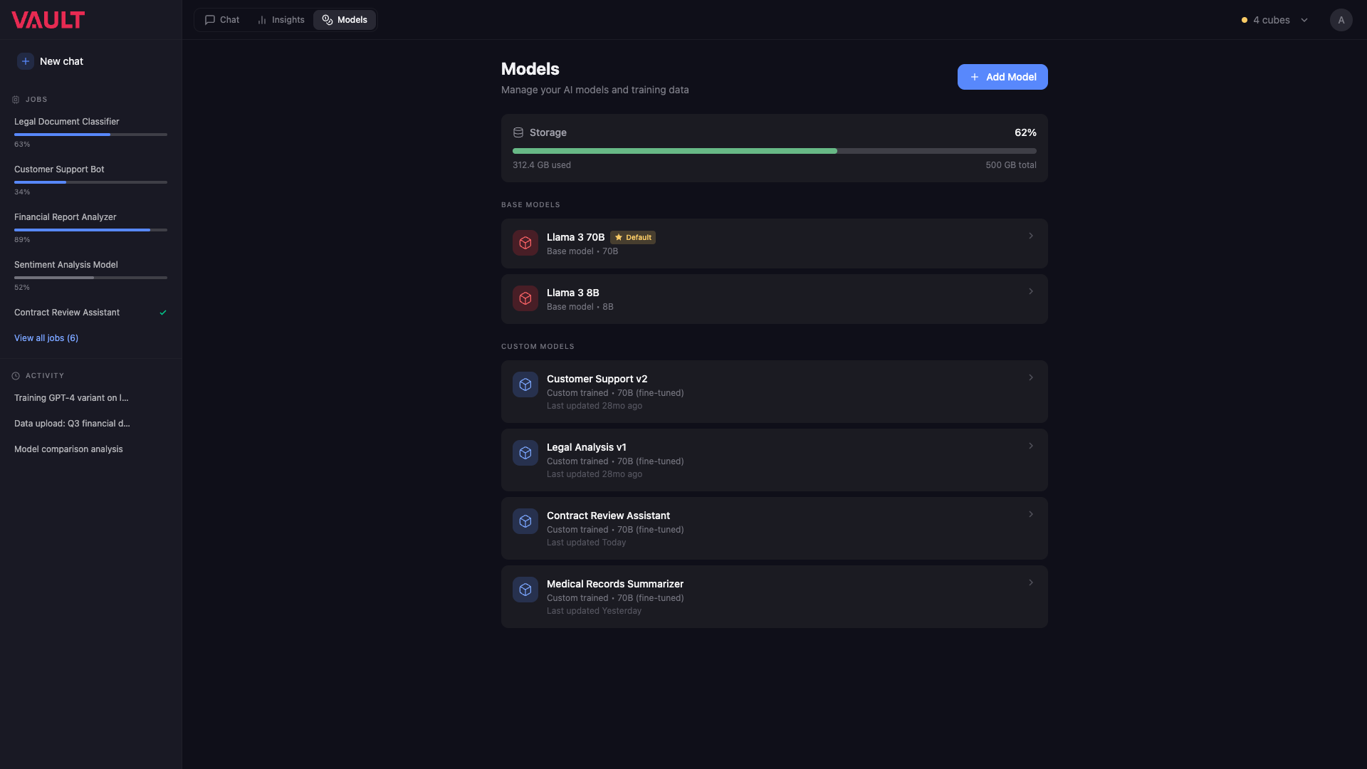 Vault OS models screen for local model deployment and fine-tuning