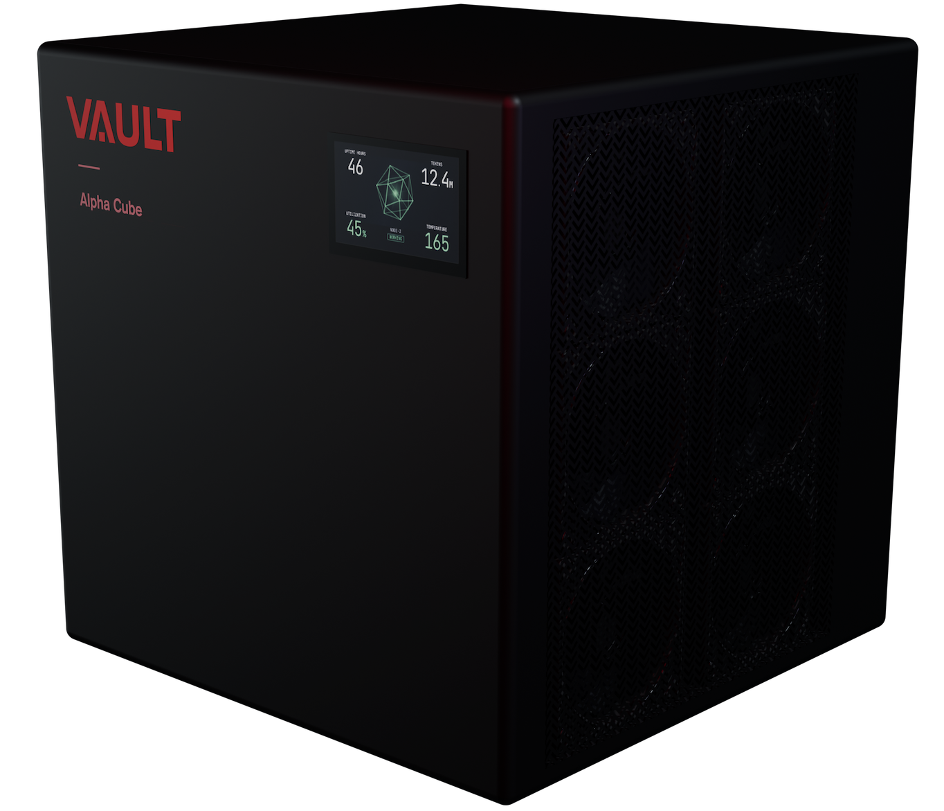 Angled render of the Vault Alpha Cube local AI appliance